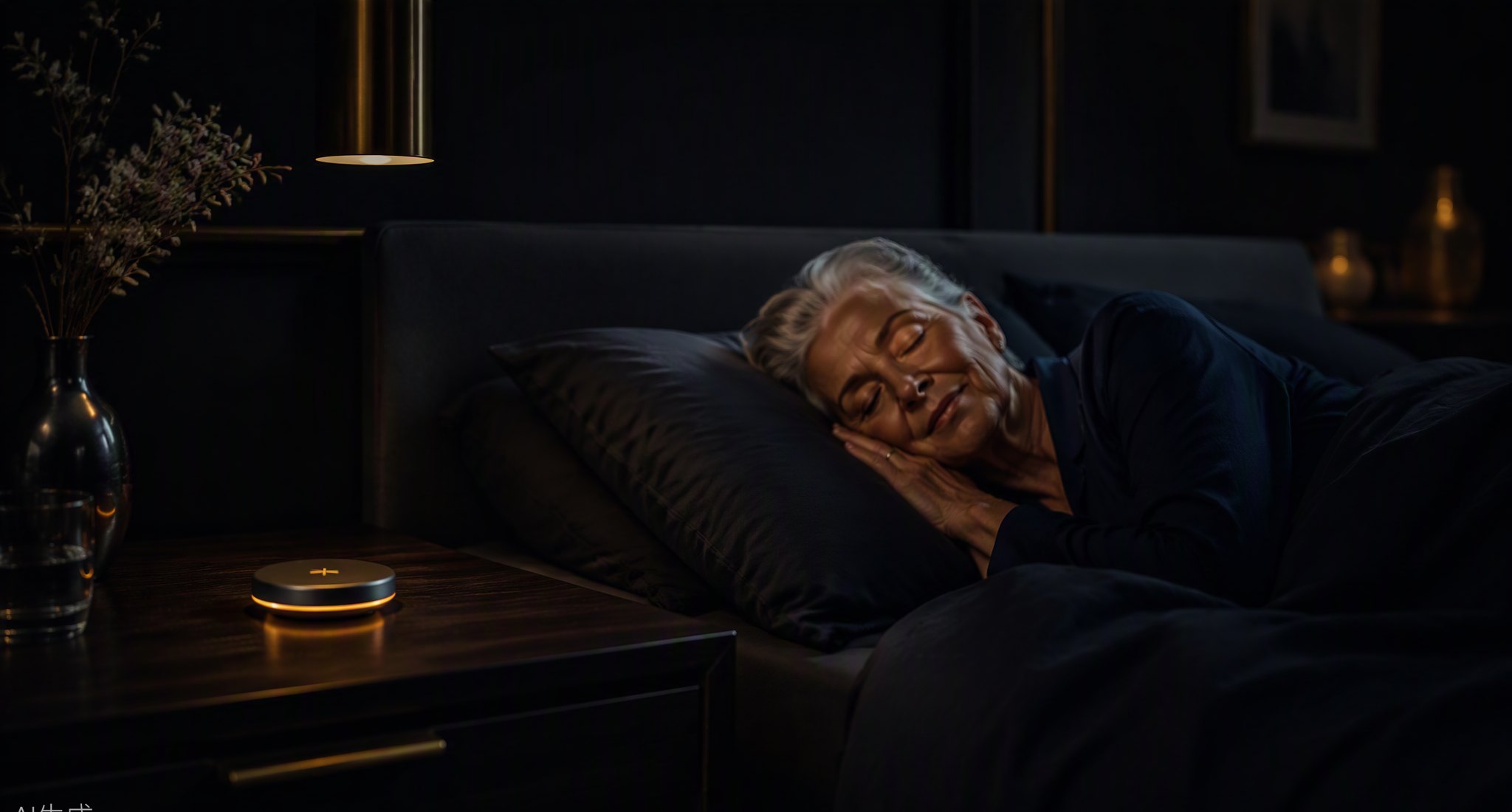 Mujer mayor durmiendo tranquila junto al sensor Iyayos