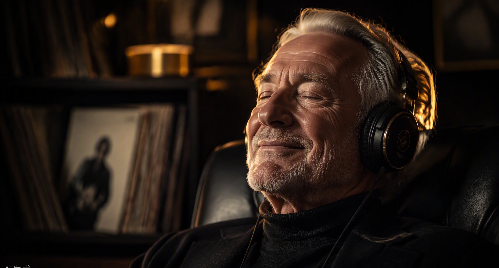Hombre mayor disfrutando de música con auriculares